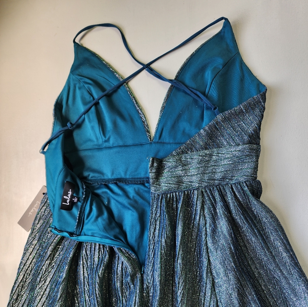 Lulus Stop the Show Blue Glitter Skater Dress Size L - Picture 7 of 10